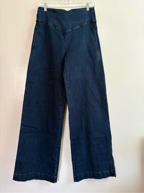 ModCloth High Waisted Wide Leg Jeans Dark Wash V-Yoke 70s Retro Size 8